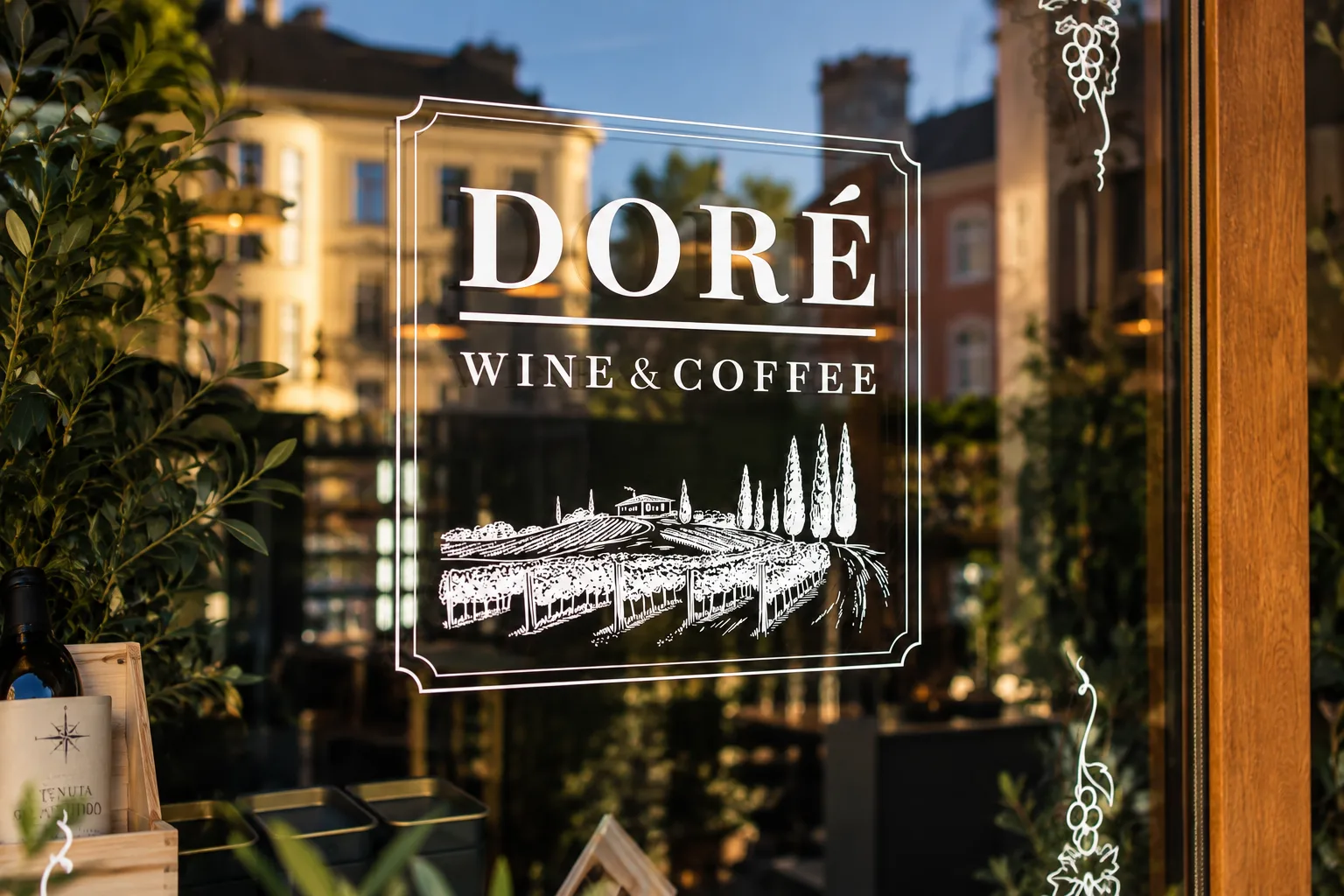 Logo Doré na witrynie i odbicie wrocławskich kamienic