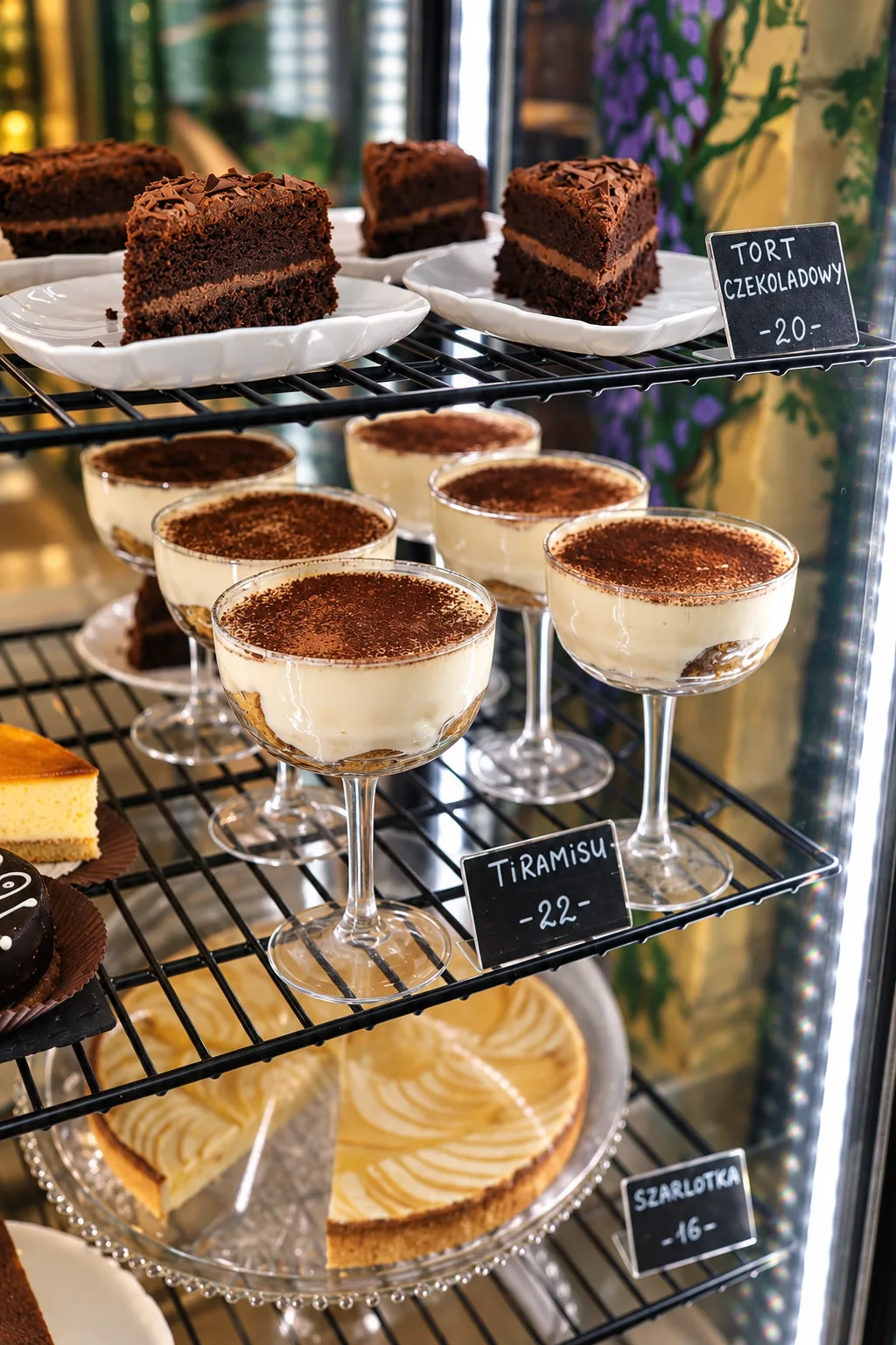 Witryna z ciastami: tiramisu, tort czekoladowy i szarlotka