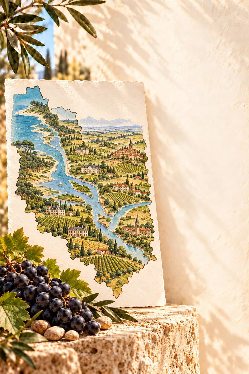 Illustrierte Landkarte der Region Bordeaux auf Papier im Sonnenlicht