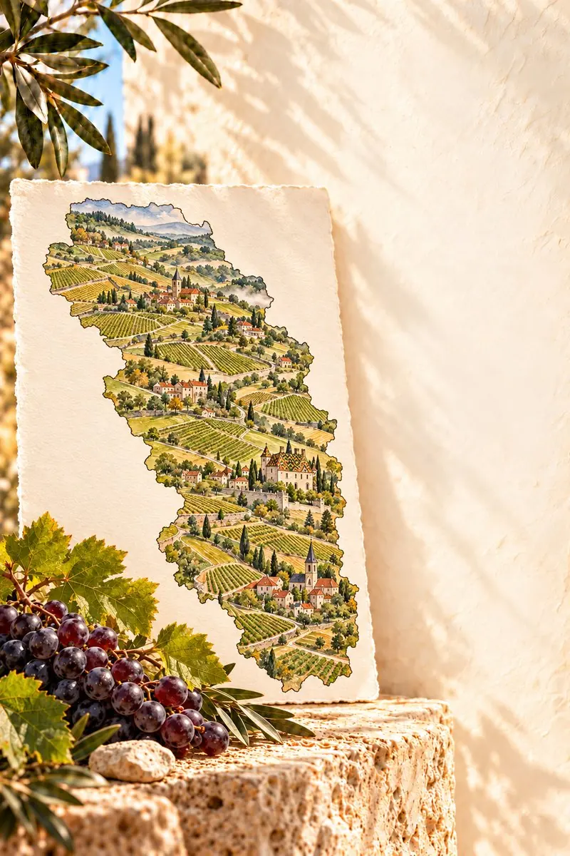 Illustrierte Landkarte der Region Burgund auf Papier im Sonnenlicht