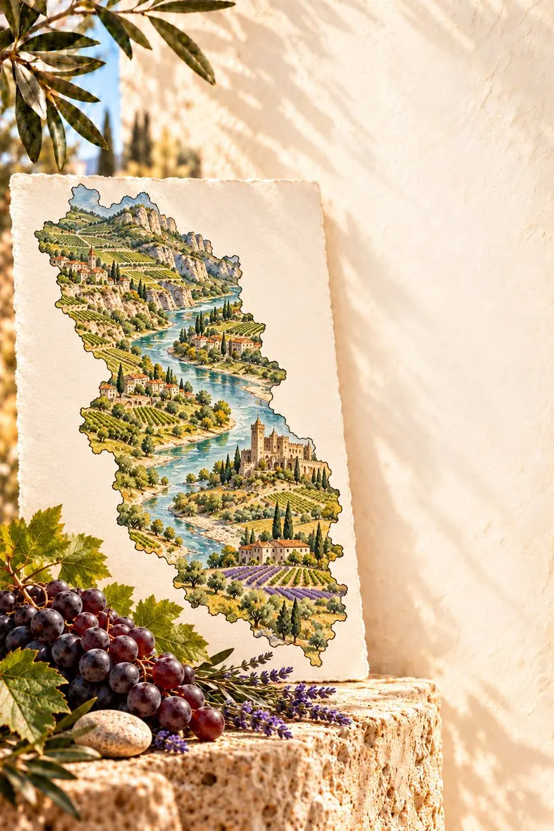 Illustrierte Landkarte der Region Rhonetal auf Papier im Sonnenlicht