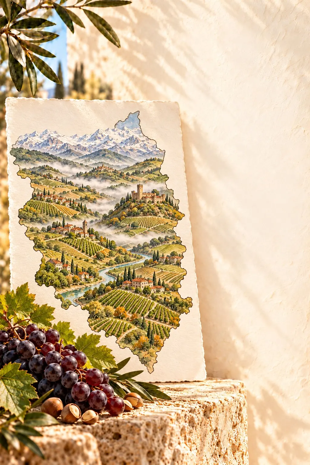 Illustrierte Landkarte der Region Piemont auf Papier im Sonnenlicht