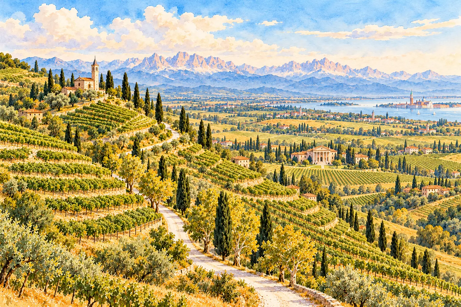 Watercolour: the steep, humped hills of Valdobbiadene with vineyards on grassy terraces, patches of woodland, a village with a bell tower and the Pre-Alps in the background