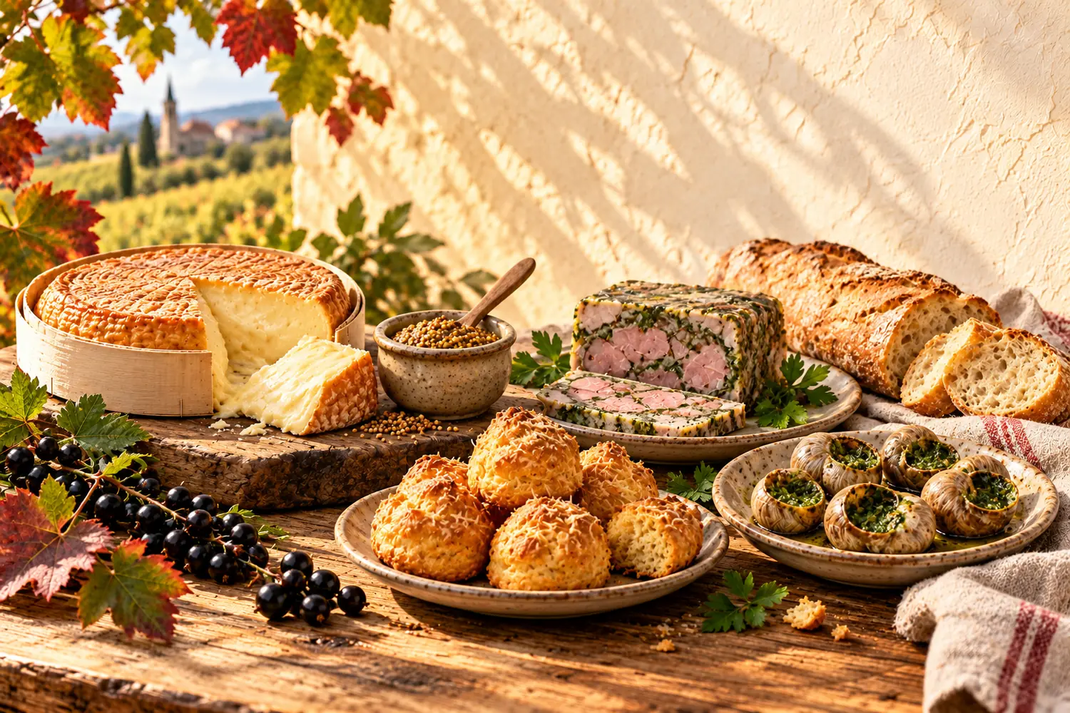 Burgundzka martwa natura: krążek sera Époisses, gougères w koszyku, słoik musztardy, ślimaki w muszlach z masłem i pietruszką, piernik i ząbki czosnku
