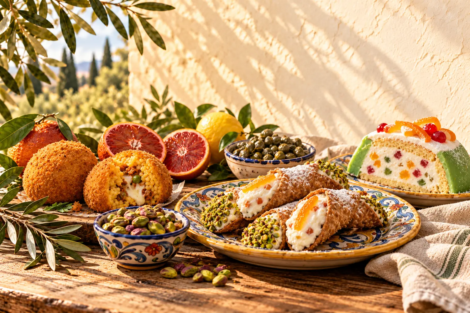 Sicilské zátiší: cannoli s ricottou, arancine, zelené pistácie, červené pomeranče s listy, citrony a kapary v misce