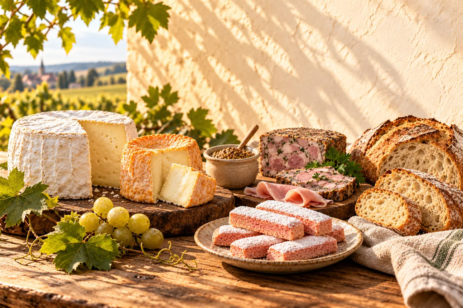 Zátiší z Champagne: sýr Chaource a sýr Langres, růžové piškoty z Remeše, šunka ve zlaté strouhance, klobásky andouillette a miska růžové čočky na lněné utěrce