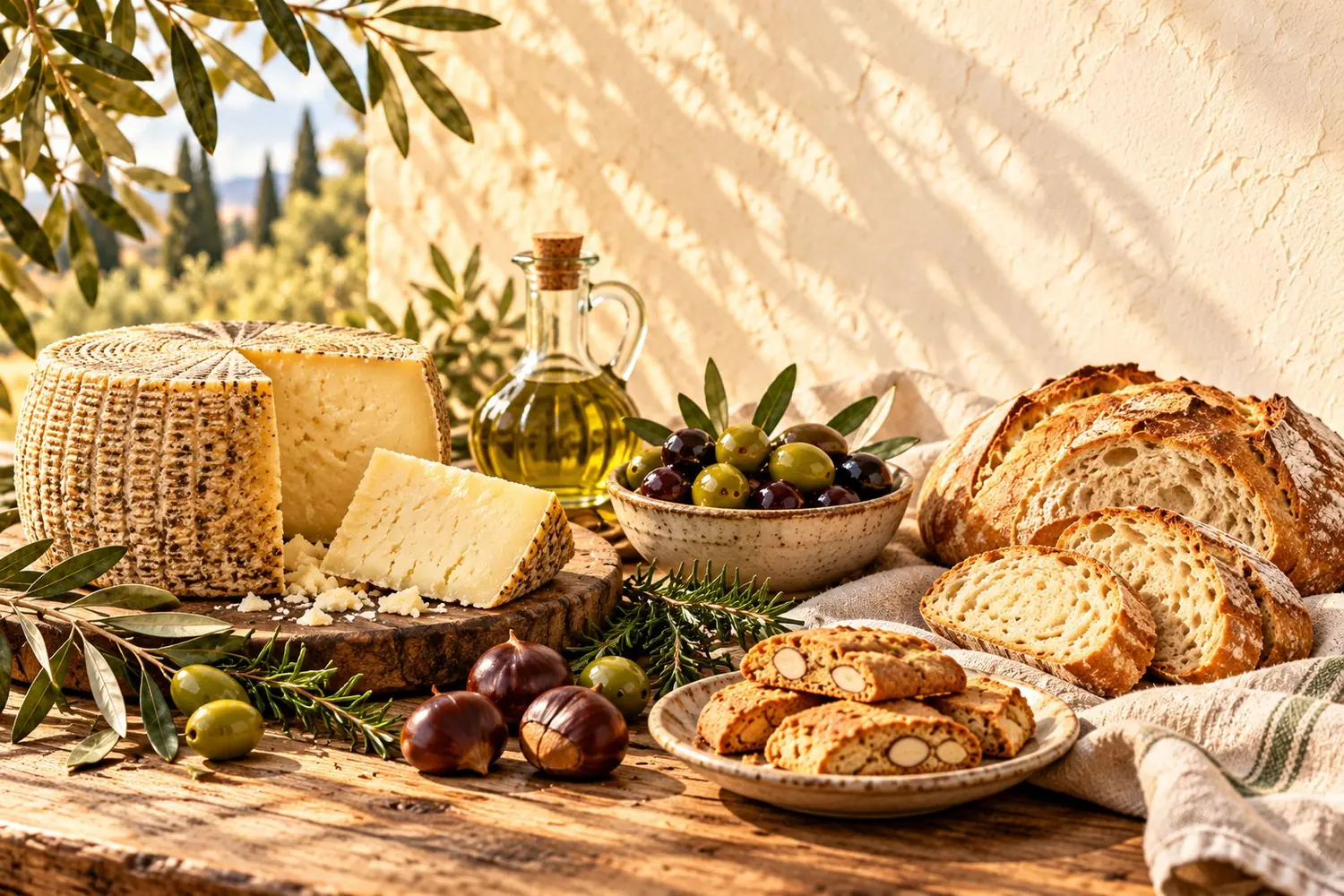 Toskańska martwa natura: pecorino, chleb, oliwa, oliwki, kasztany i cantucci
