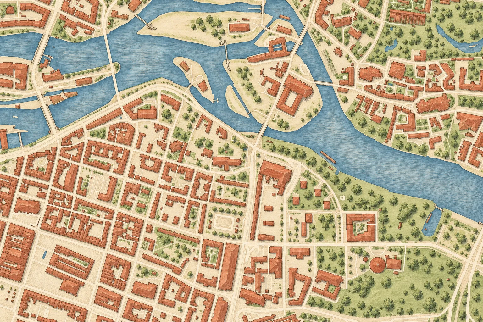 Ilustrovaná mapa Starého Města ve Vratislavi s pěšími trasami do kavárny DORÉ od Rynku, univerzity, tržnice a Tumského ostrova
